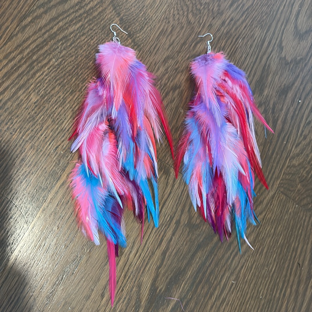 Vibrant Feather Earrings In Pink, Blue And Purple